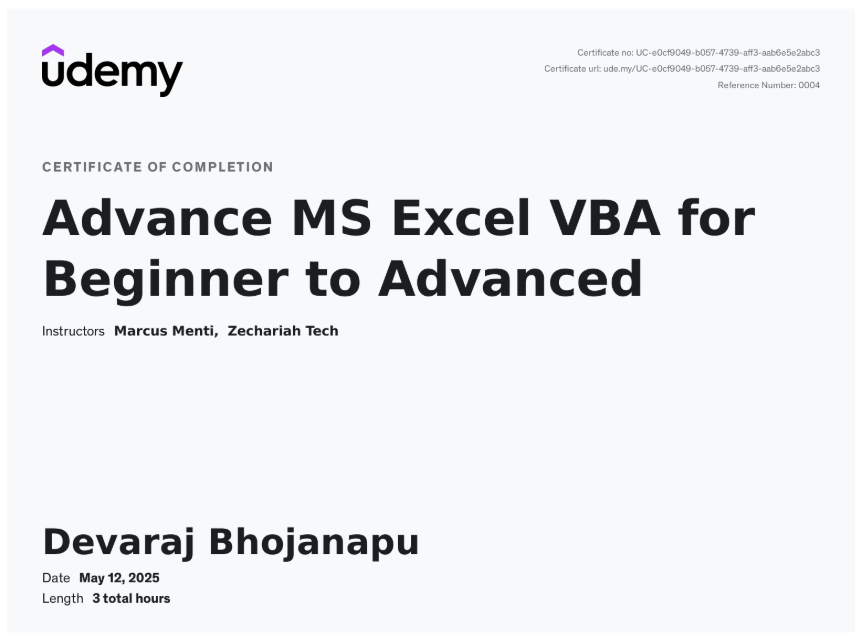 Advance MS Excel VBA Certificate